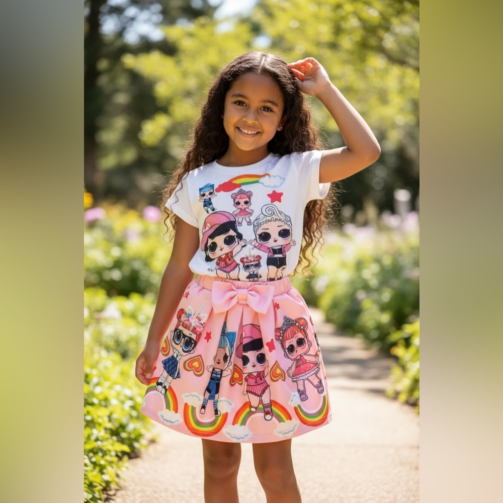 Kids Matching Set with Cartoon Print - White and Pink